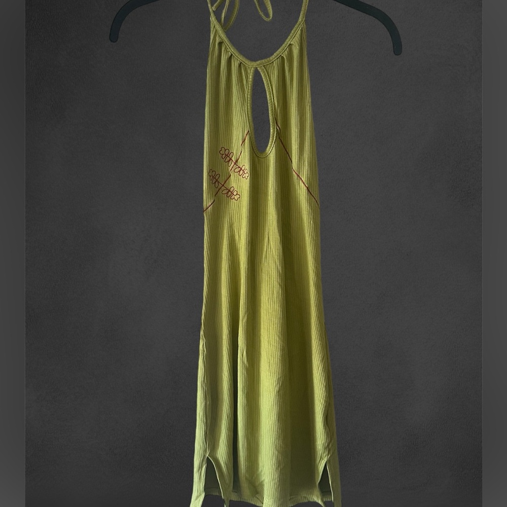 Lime green mini halter top dress with cut out detail and red accents #y2kfashion